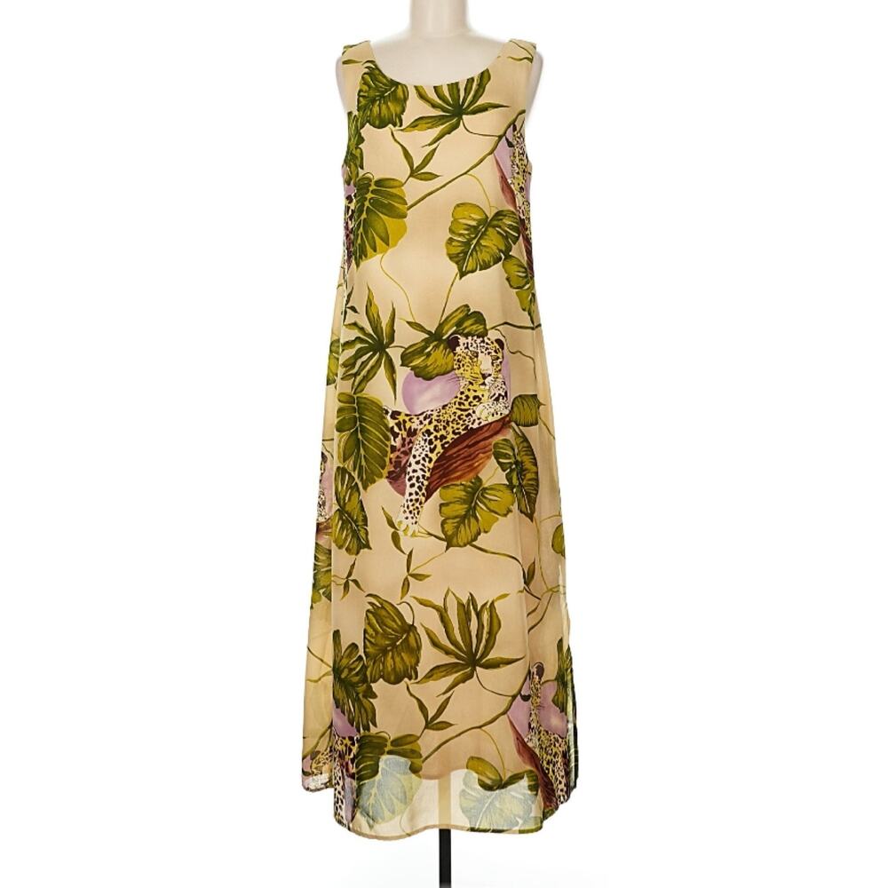 Vintage Y2K Yellow Green Oversized Leopard Tropical Maxi Dress 7/8 M